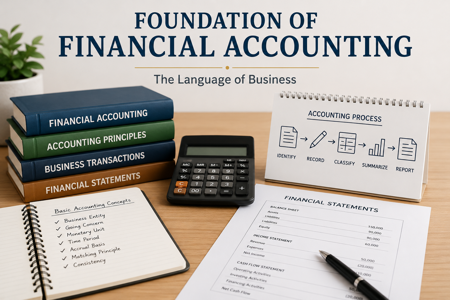 Foundation of Financial Accounting is the study of the basic principles and concepts used to record, classify, summarize, and